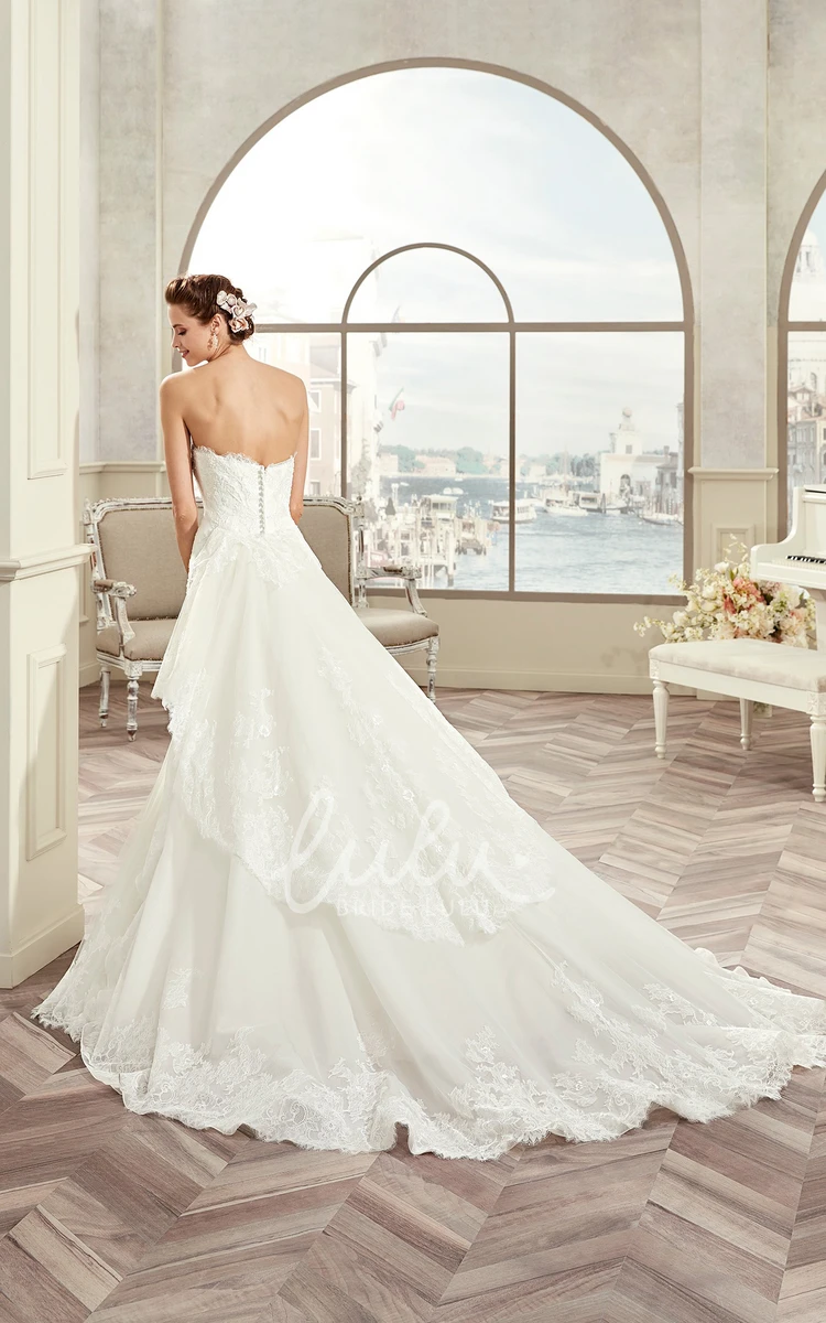 Lace Sweetheart Long Wedding Dress with Detachable Tiered Train and Open Back