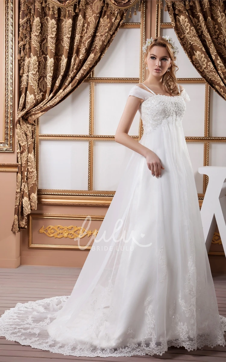 Empire A-Line Tulle Lace Wedding Dress with Cap Sleeves and Beading