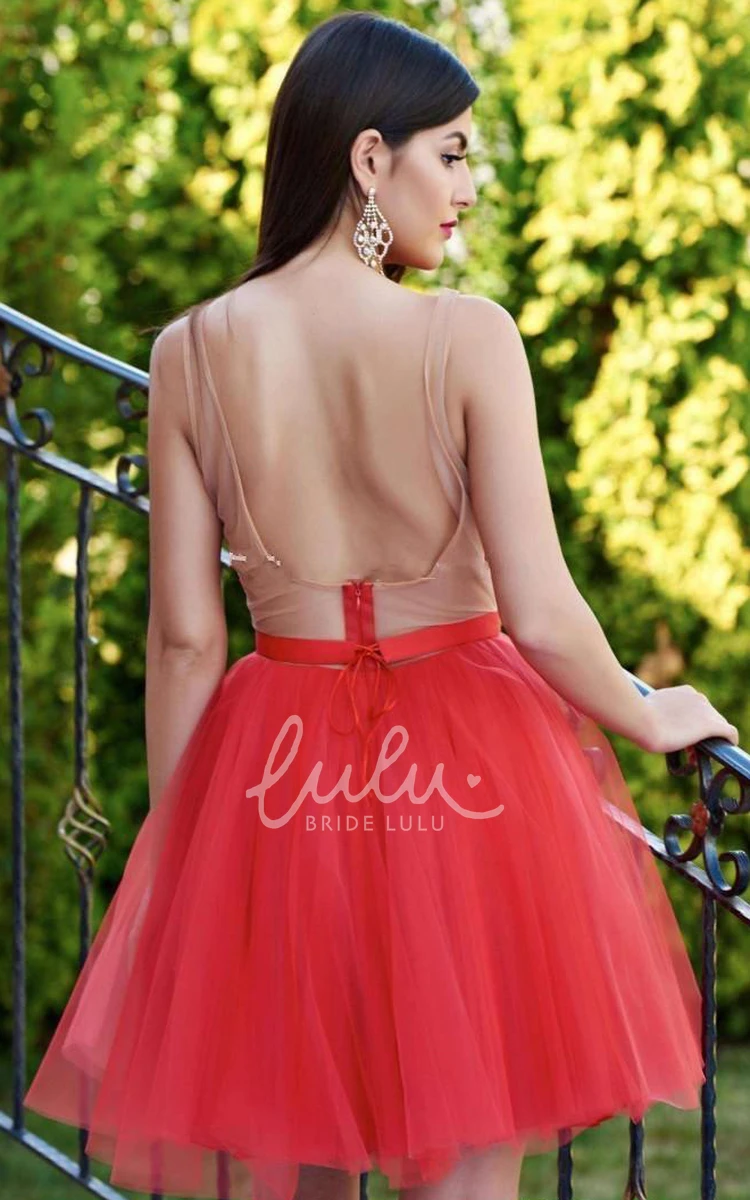 A-Line Tulle Plunging Neckline Sleeveless Homecoming Dress with Ribbon Casual & Chic