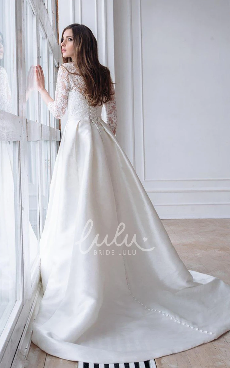 Satin A-line Wedding Dress with Lace Sleeves and Corset Back 