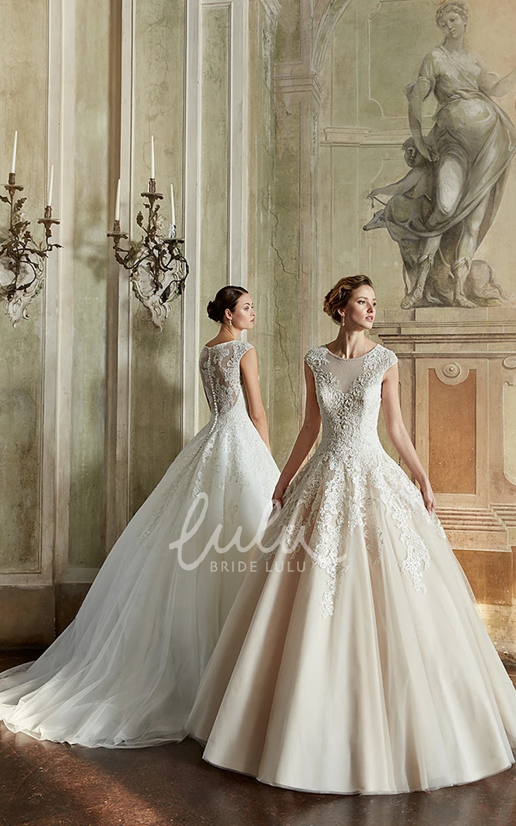 Cap-Sleeve Lace and Satin Wedding Dress Ball Gown Scoop-Neck Floor-Length