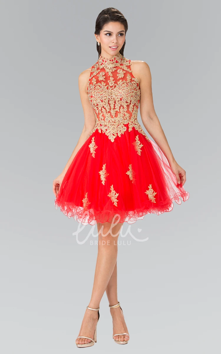 Tulle A-Line Dress With Ruffles Appliques and High Neck