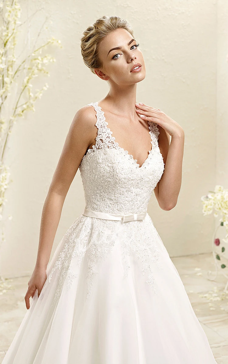 V-Neck Appliqued Wedding Dress A-Line Style