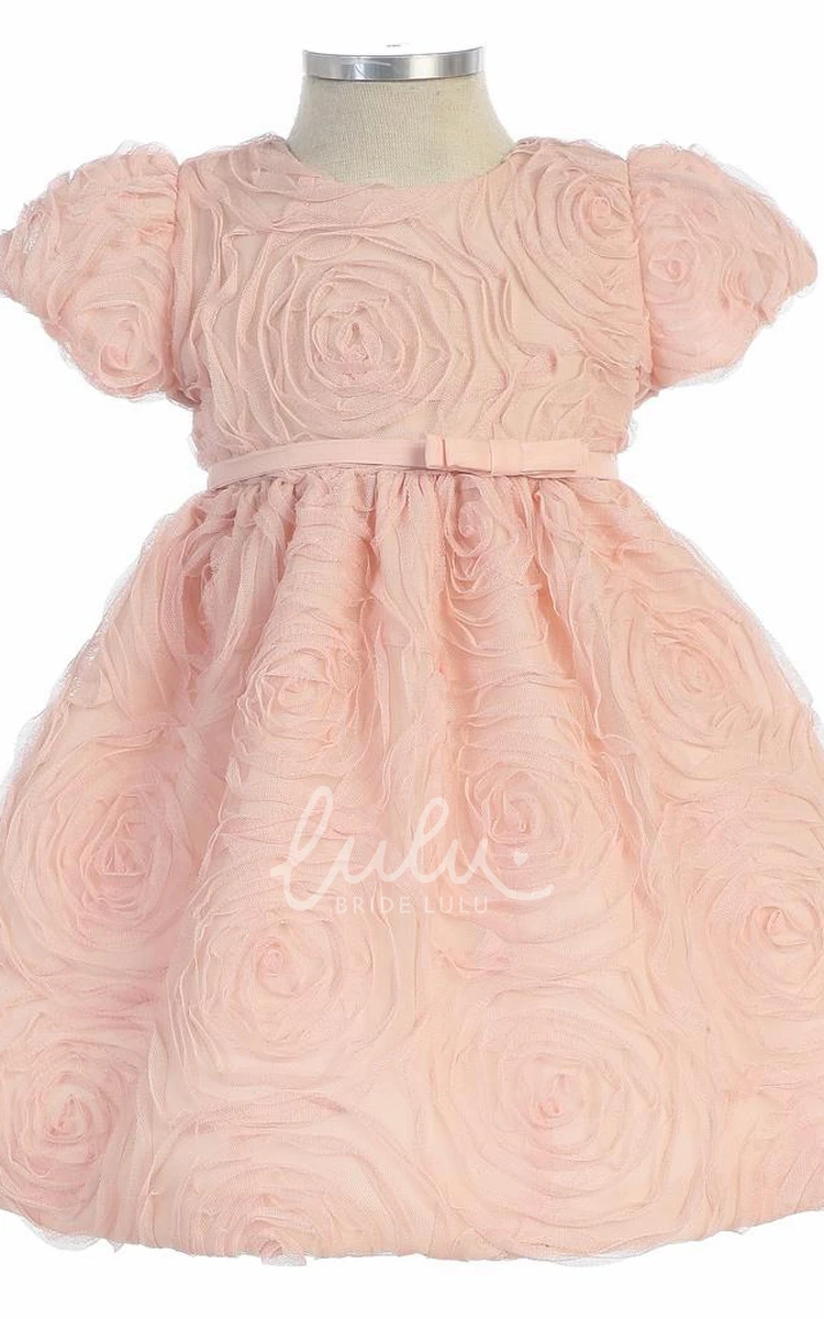Embroidered Cap-Sleeve Tea-Length Flower Girl Dress with Bow Accent