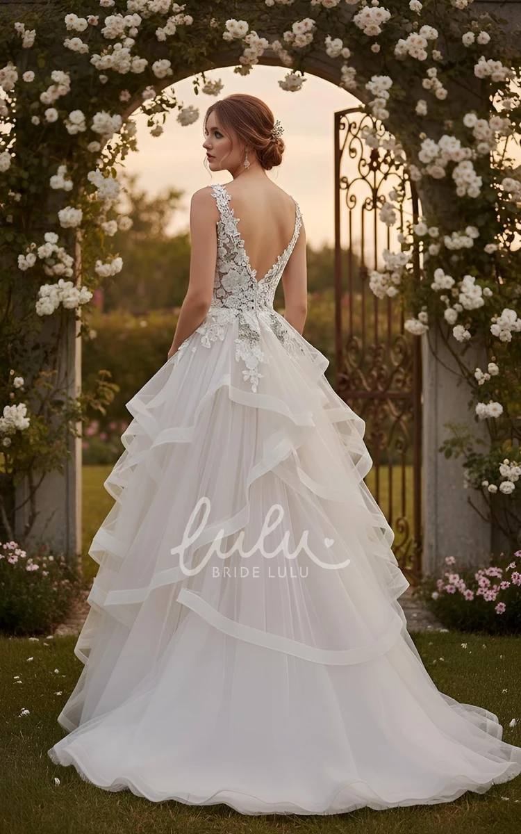 A-Line Floral Lace Wedding Dress V-Neck Tiered Ruffle Tulle Garden Gown