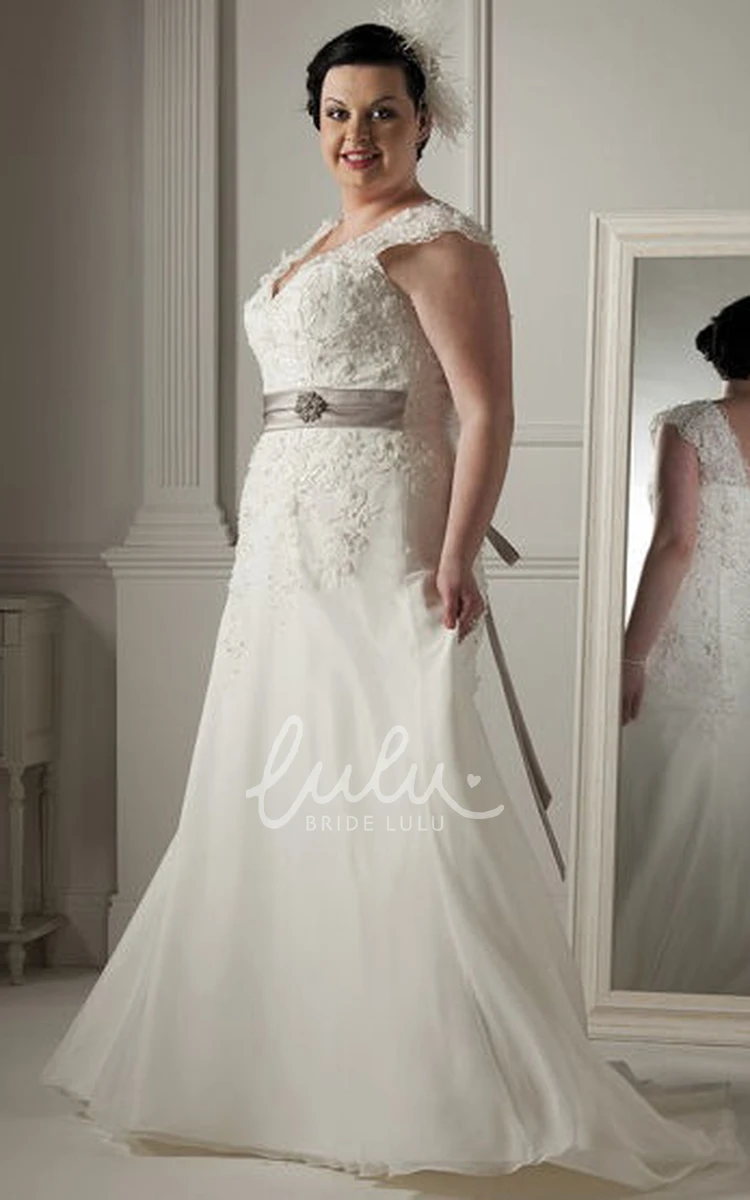 Lace Top V-Neck Organza Wedding Dress with Satin Sash and Lace-Up