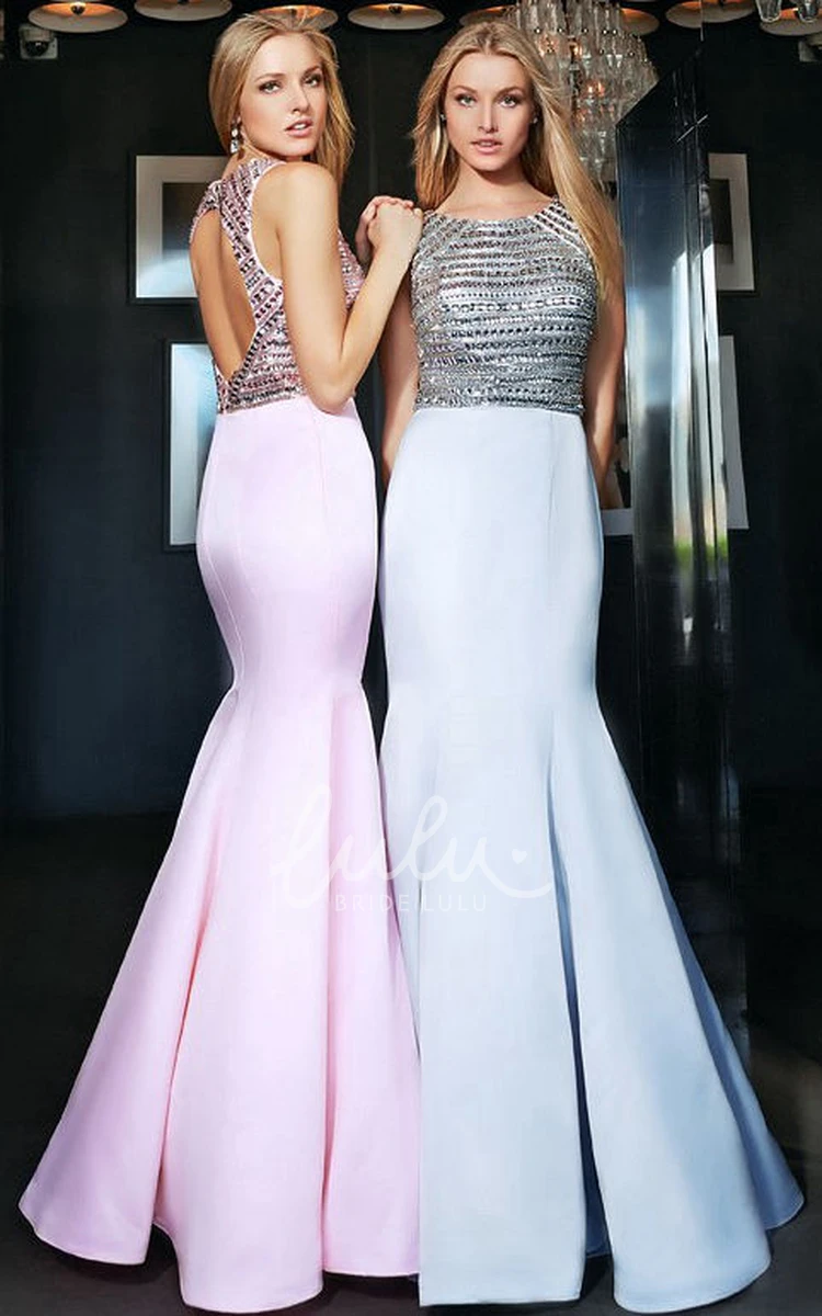 Scoop Neck Beaded Satin Mermaid Prom Dress Sleeveless with Keyhole