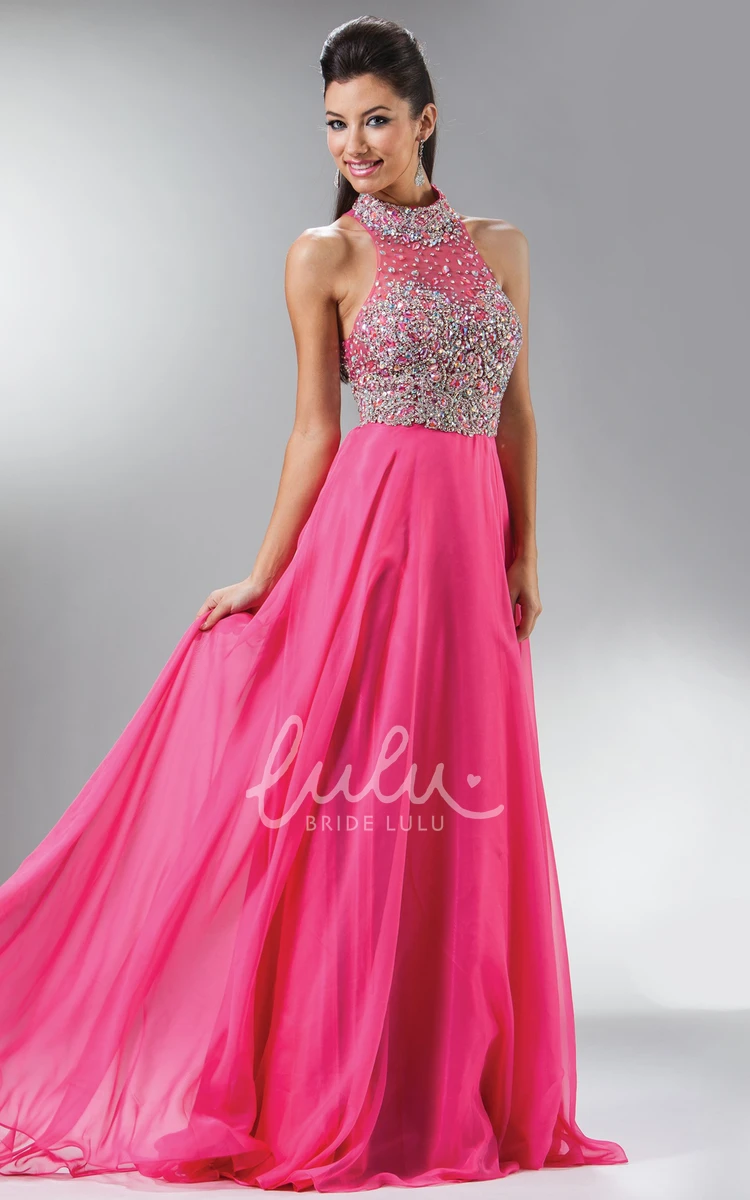 High Neck Beaded A-Line Sleeveless Formal Dress with Satin Illusion