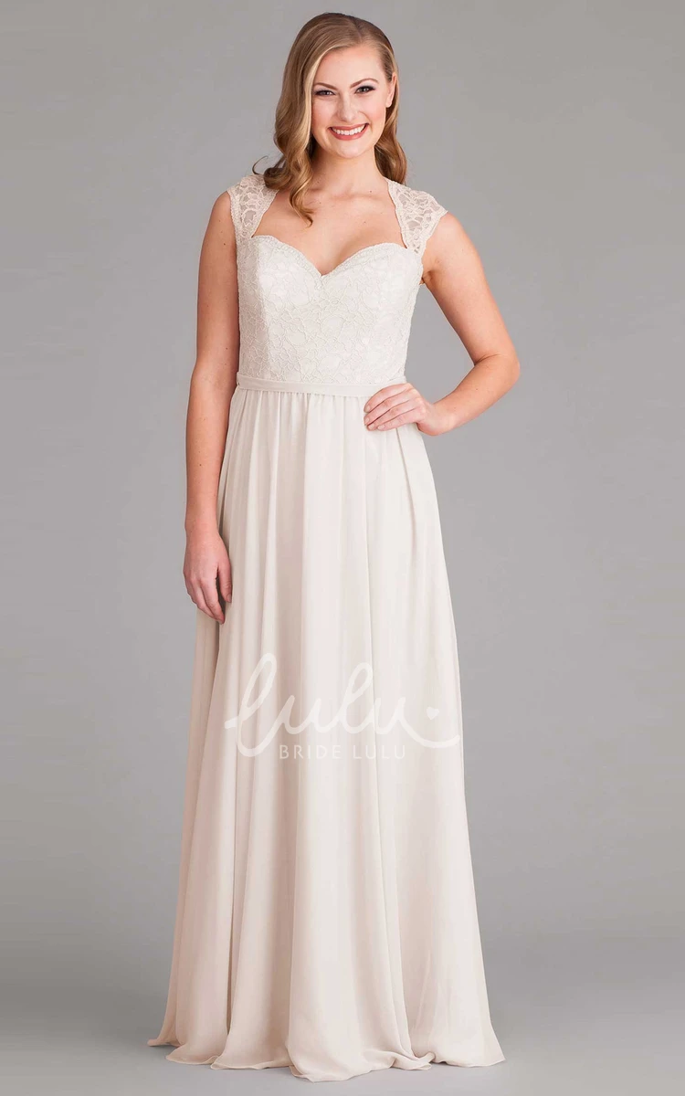 Chiffon V-Neck Bridesmaid Dress with Lace Cap Sleeves Bow and Keyhole