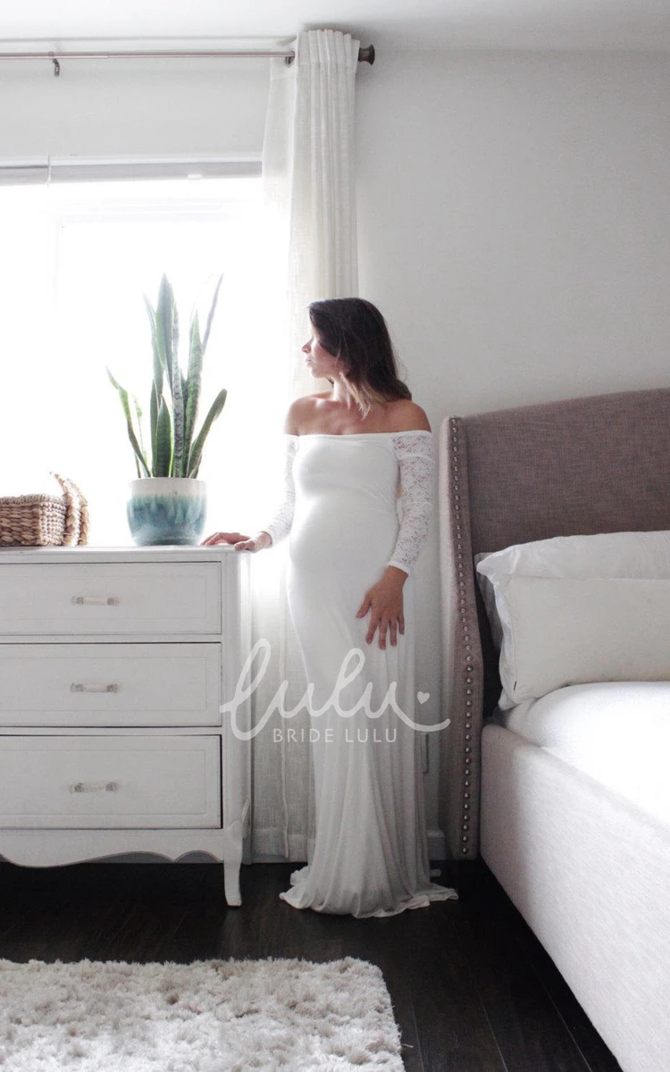 Maternity Lace Dress with Off-The-Shoulder Design and Sweep Train for Wedding or Photoshoot