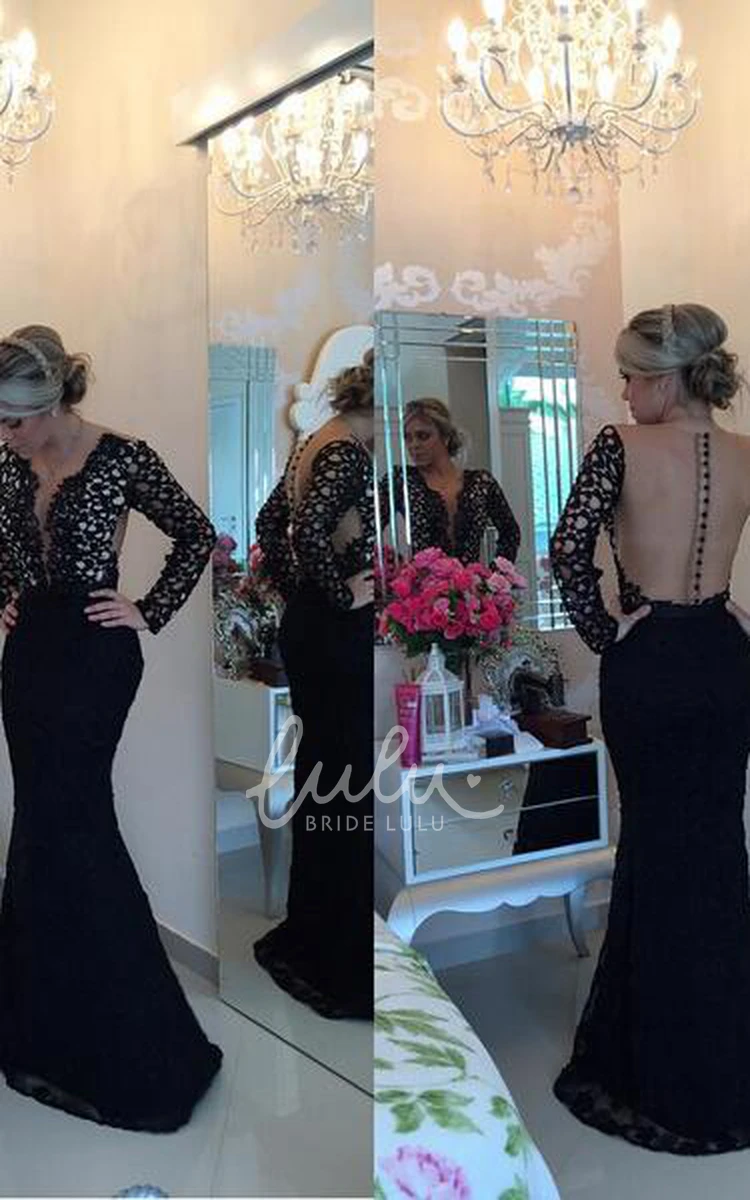 V-Neck Mermaid Prom Dress with Newest Black Lace and Long Sleeves