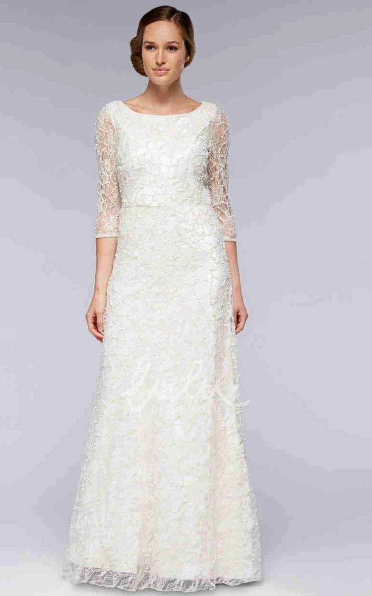 3/4 Sleeve Lace Sheath Wedding Dress with Scoop Neck Classy Bridal Gown