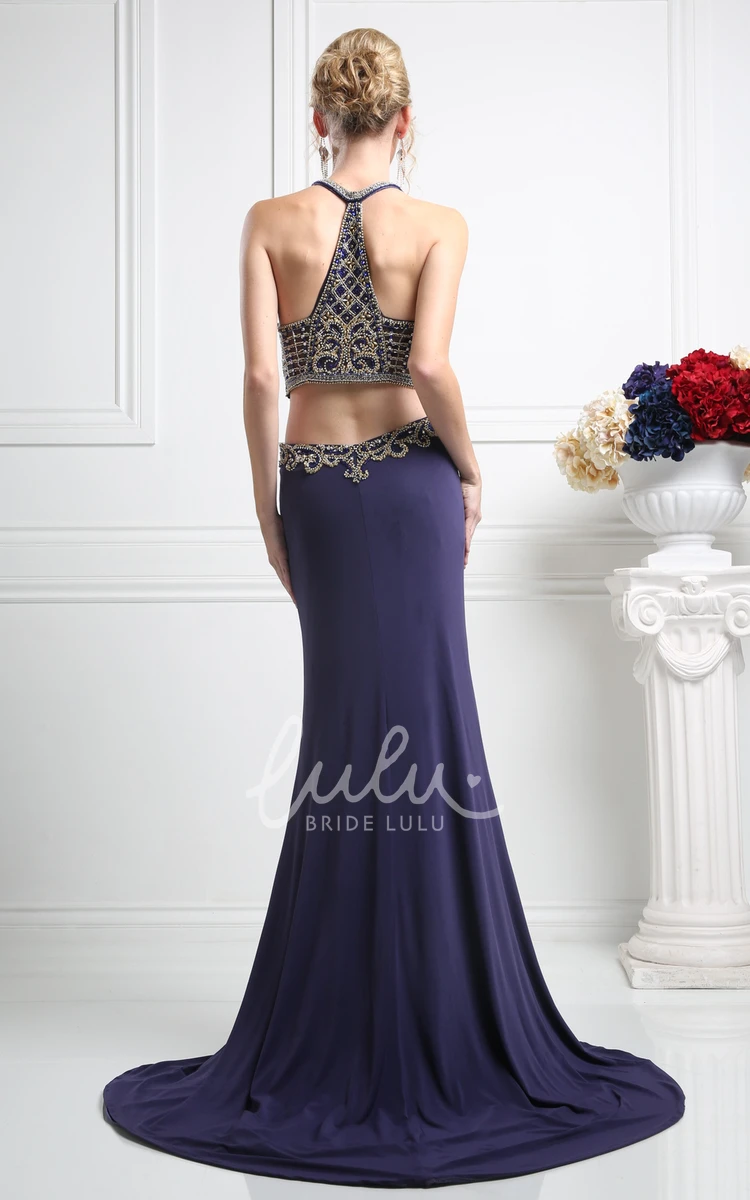 Sleeveless Two-Piece Sheath Jersey Dress with Jewel-Neck and Beading