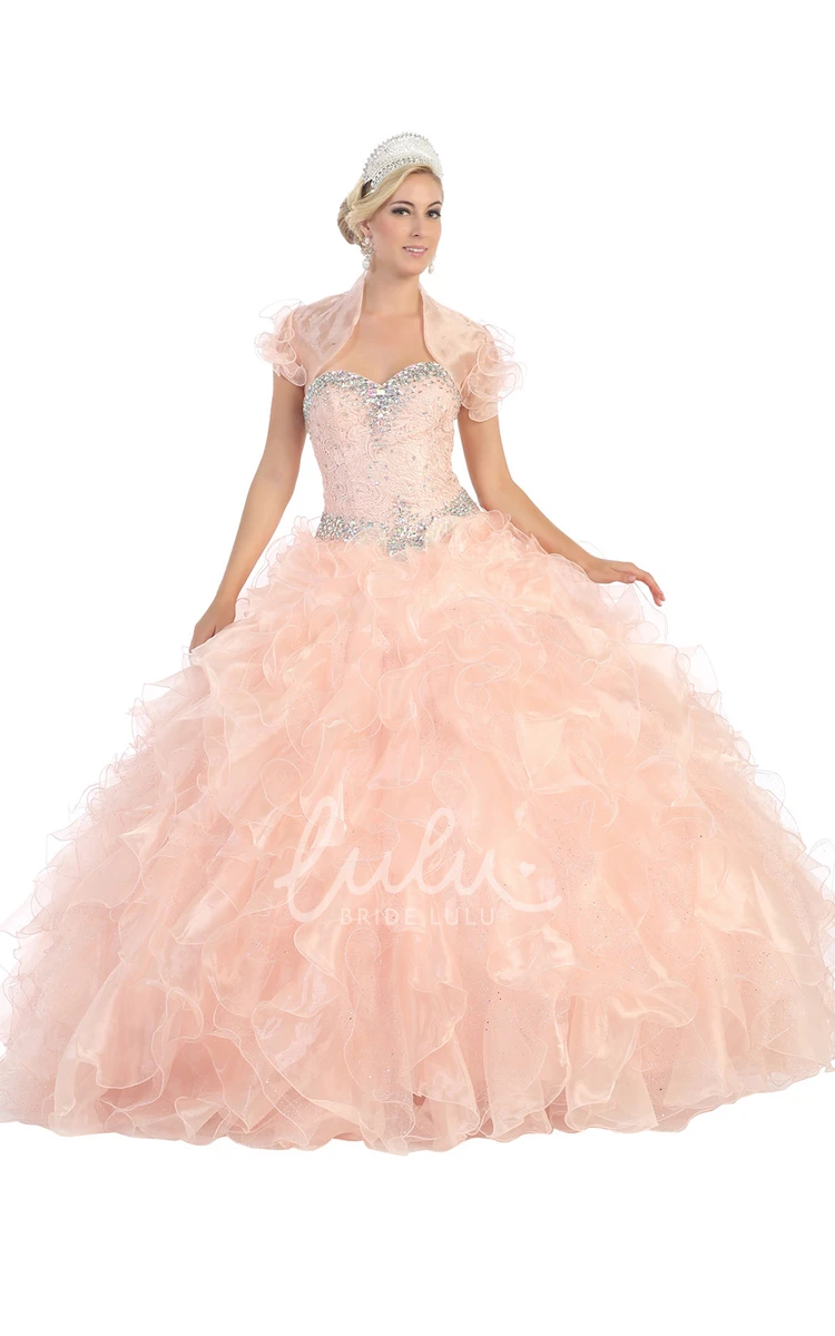 Beaded Ruffled Ball Gown Dress Sweetheart Organza Lace-Up