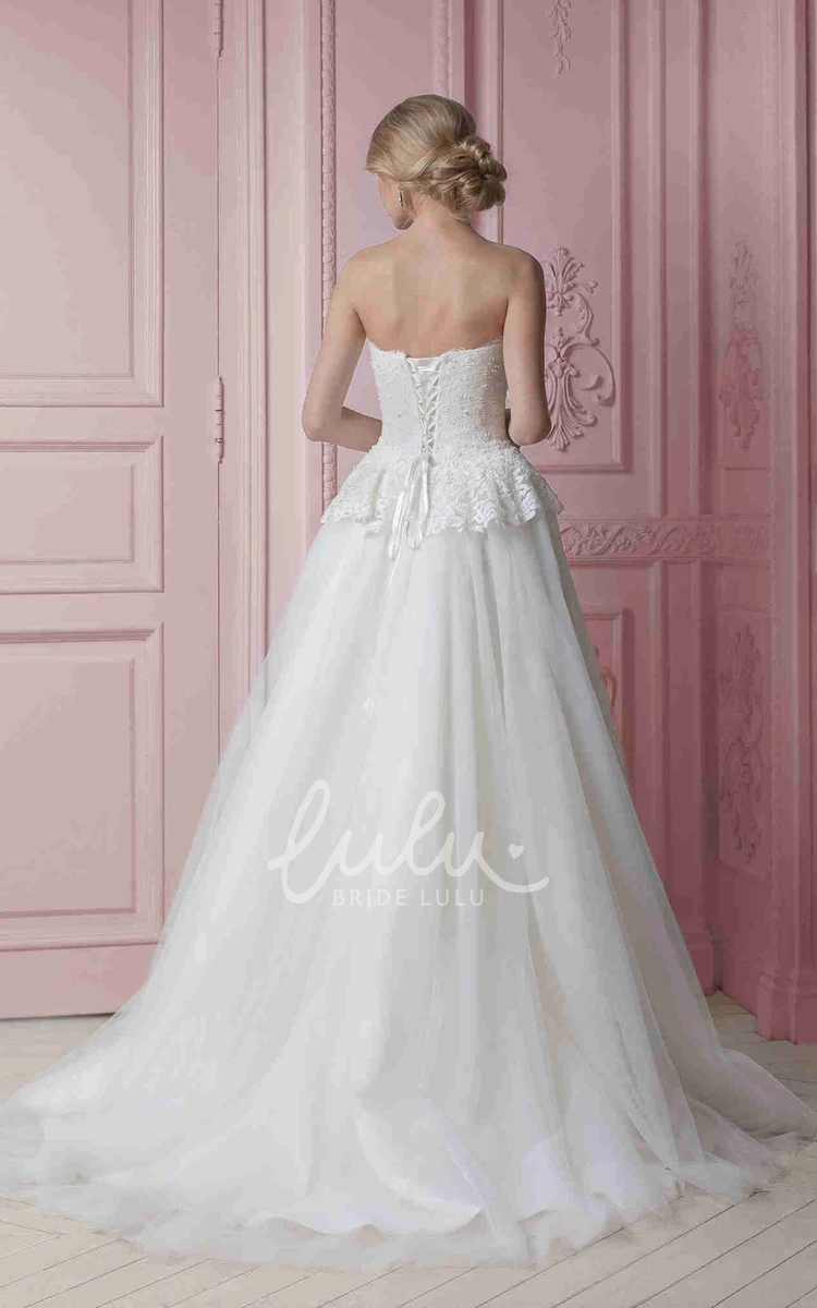 A-Line Tulle&Lace Wedding Dress with Peplum Floor-Length Strapless Sleeveless Flower