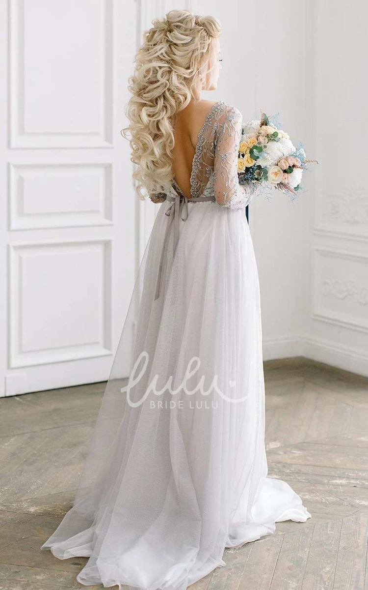 Beaded Tulle Satin Wedding Dress with Lace Embroidery