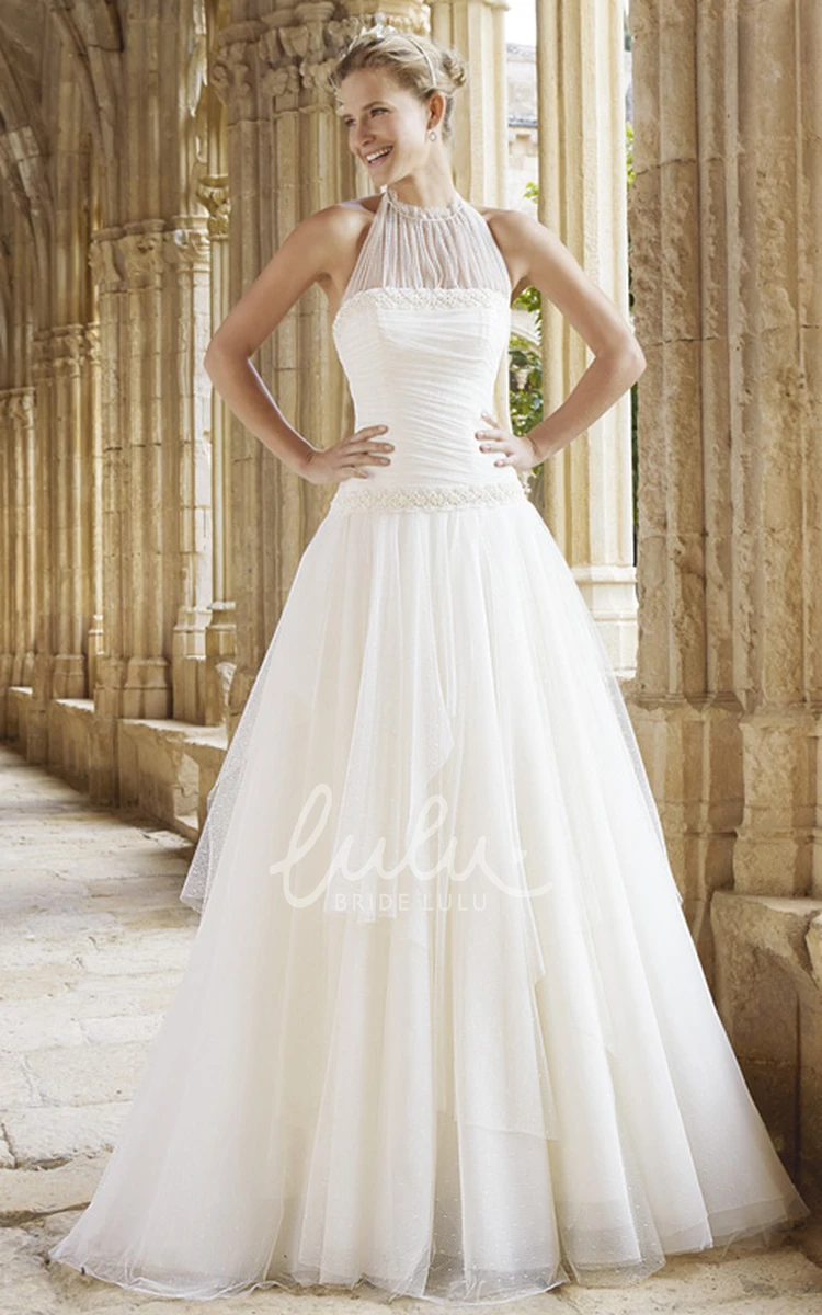 A-Line Tulle Wedding Dress High Neck Ruched Sleeveless with Draping and Beading