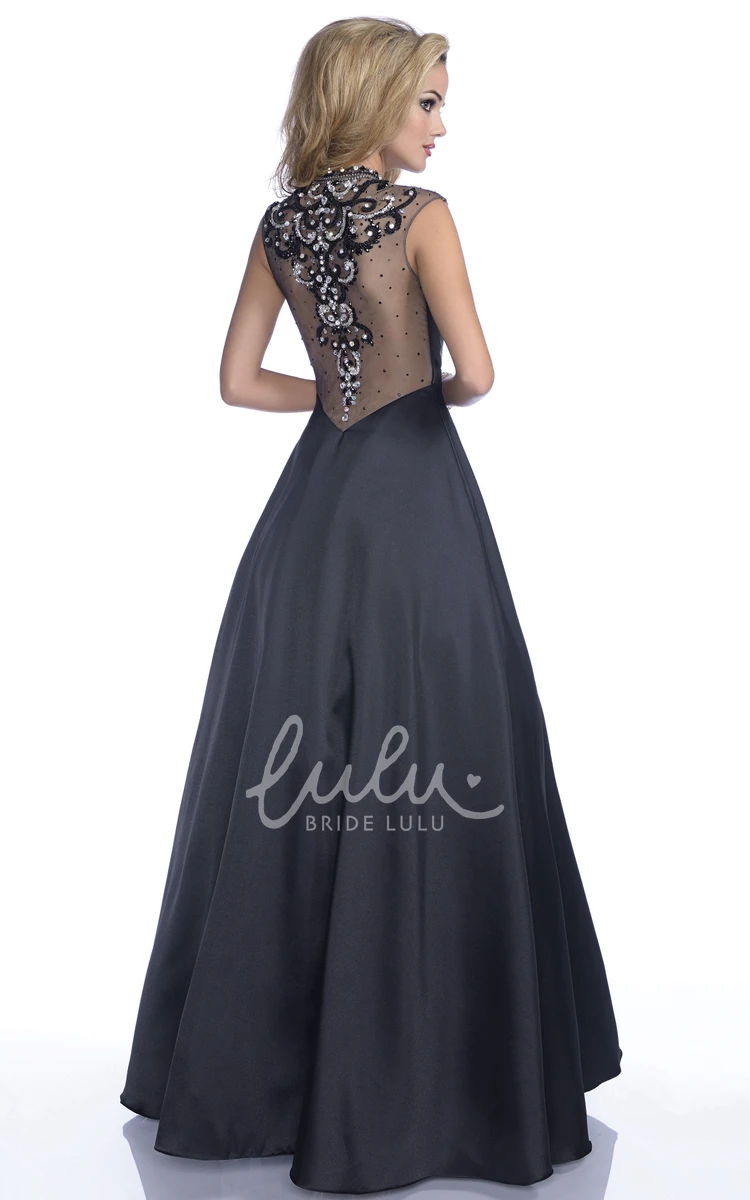 High Neck Tulle Prom Dress with Rhinestone Appliques and Cap Sleeves