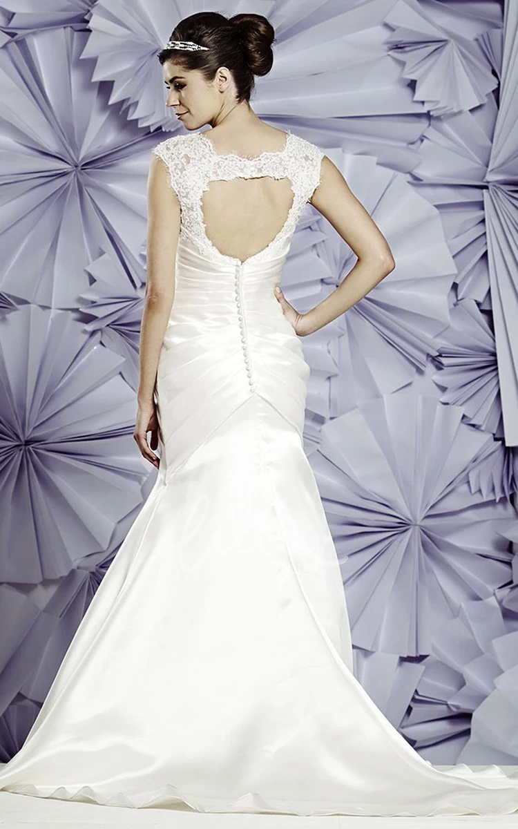 Lace Mermaid Wedding Dress with Ruching Stretch Satin Queen Anne Neckline