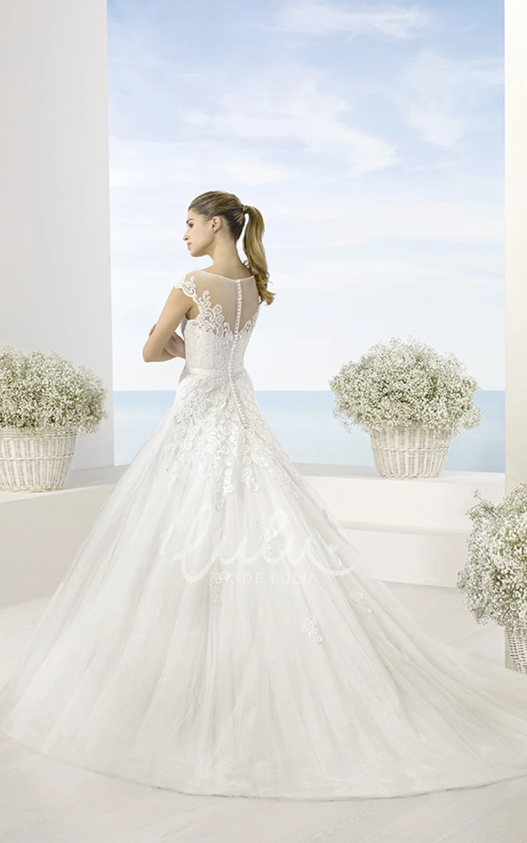 Scoop-Neck Tulle Wedding Dress with Short Sleeves and Illusion + Ball Gown + Waist Jewelry