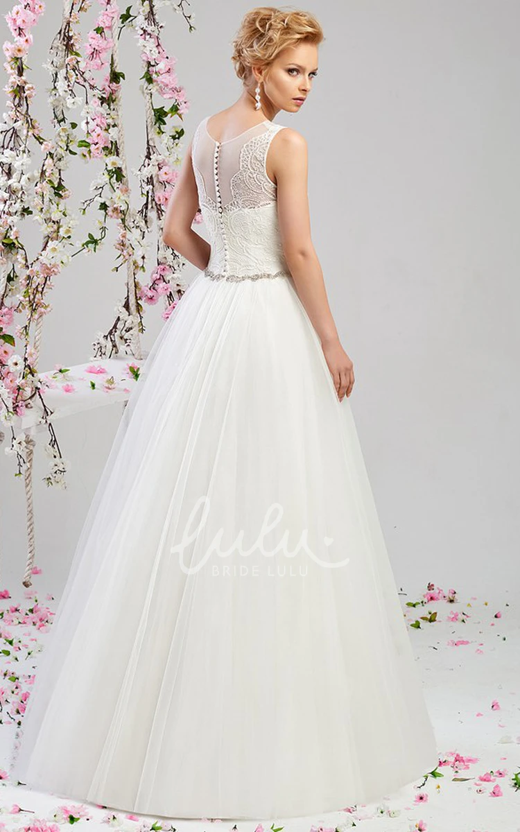 Appliqued Tulle&Satin Wedding Dress with Waist Jewellery A-Line Floor-Length Scoop-Neck Sleeveless