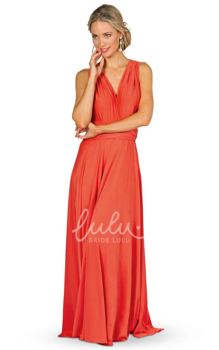 V-Neck Sleeveless Convertible Bridesmaid Dress Maxi Chiffon with Ruching