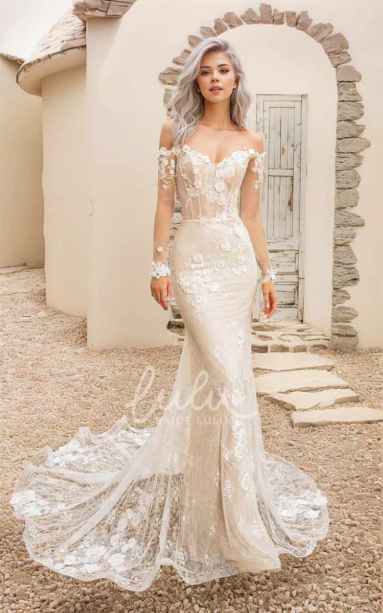 Romantic Elegant Lace Tulle Mermaid Strapless Long Sleeve Wedding Dress Ethereal Sexy Flowers Floor-length Lace-up Deep-V Back Bridal Gown with Train