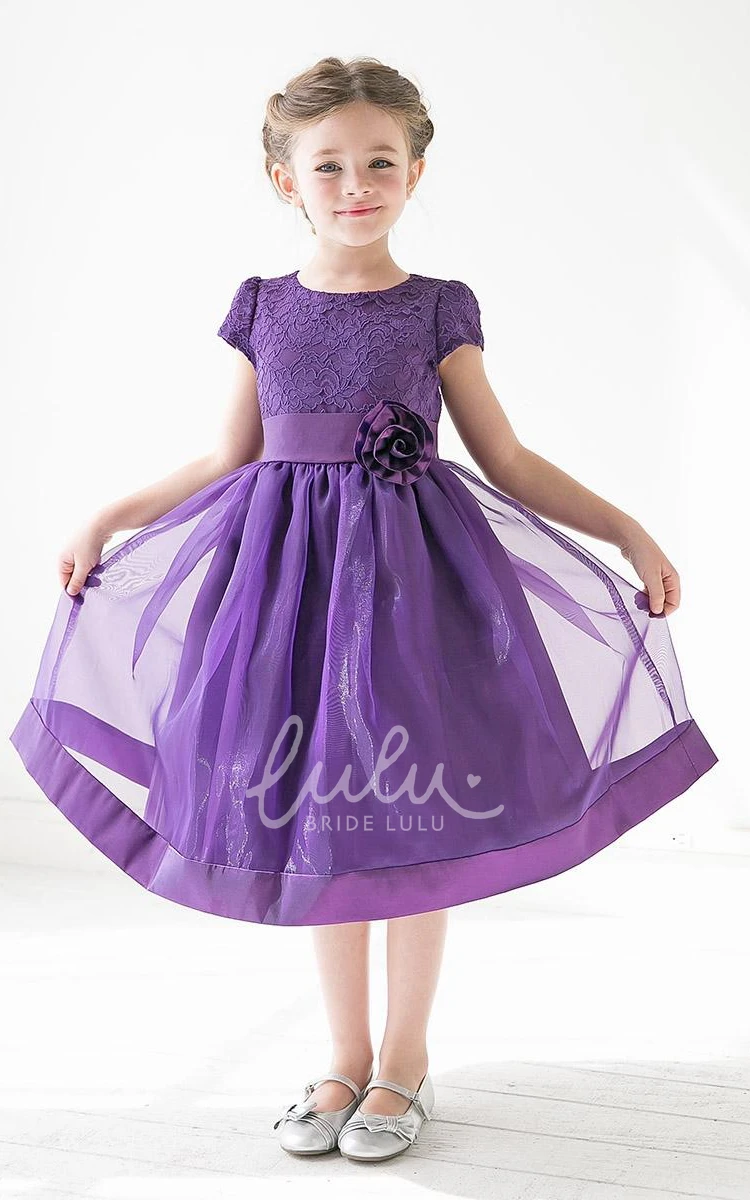 Floral Lace Organza Flower Girl Dress with Sash Tea-Length