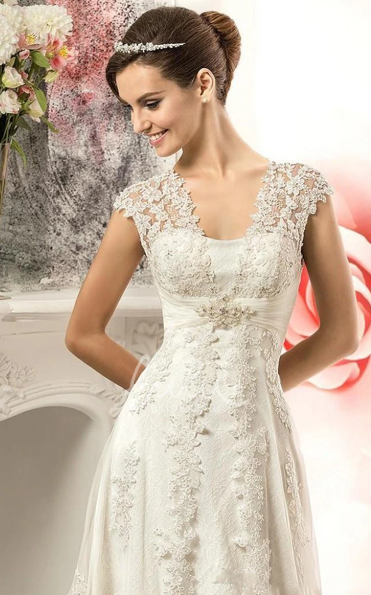 Sweetheart A-Line Mini Wedding Dress with Bell Cap Sleeves Beading and Appliques Court Train and Lace-Up Back