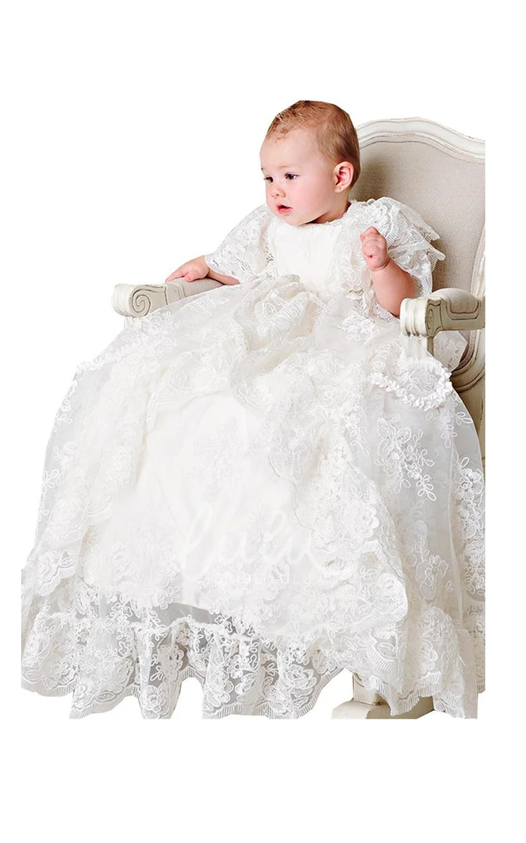 ALL Lace Fancy Christening Dress with Layered Sleeves Classy Baptism Gown