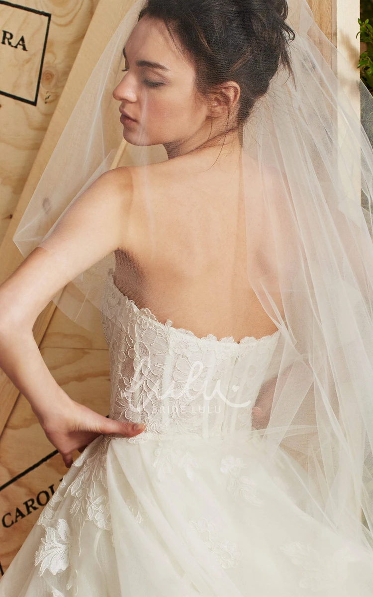 Appliqued Strapless Tulle Wedding Dress A-Line Style with Long Sleeves