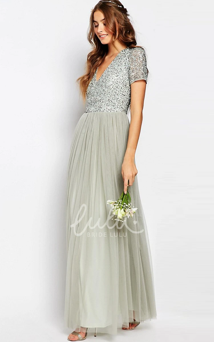 Chiffon A-Line V-Neck Floor-Length Beaded Short-Sleeve Pleated Bridesmaid Dress