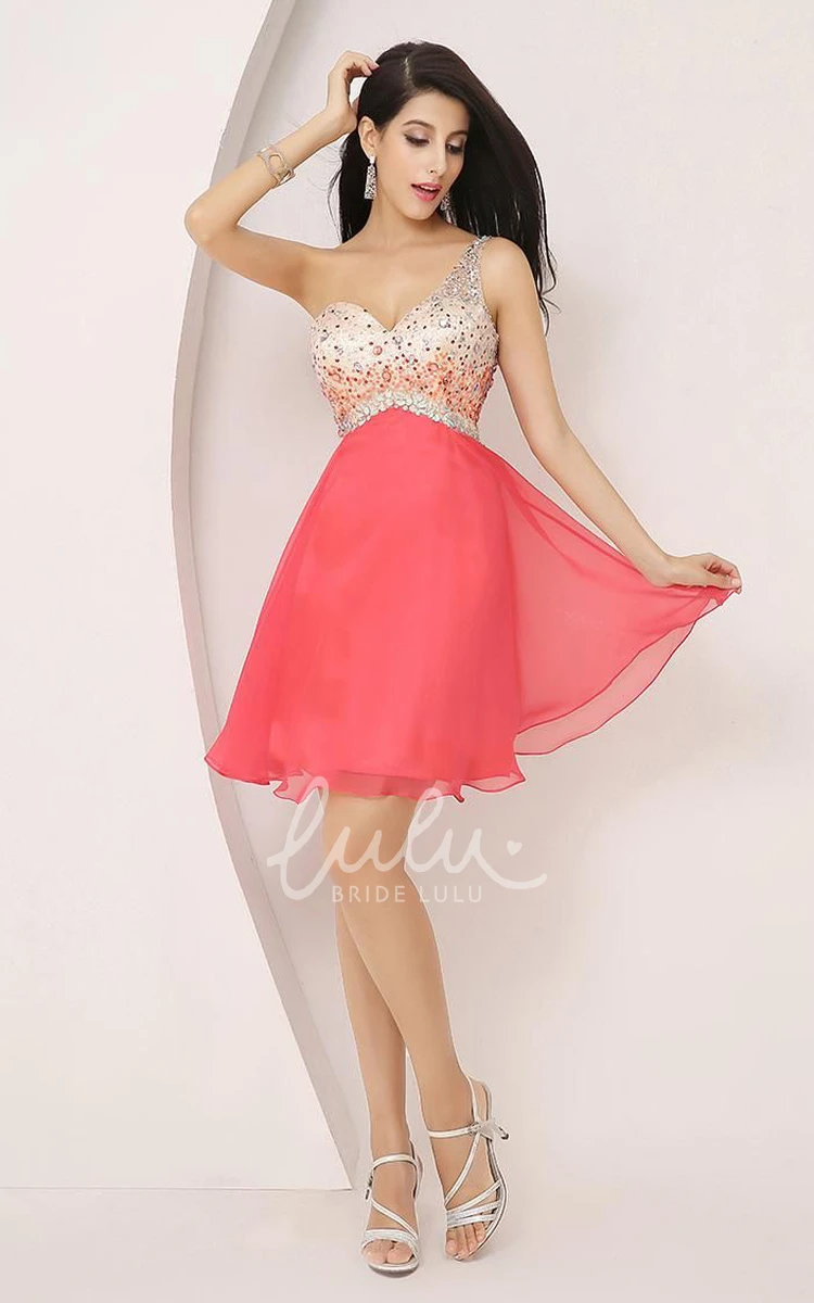 One-shoulder A-line Chiffon Homecoming Dress Sleeveless Mini Beaded Pleated