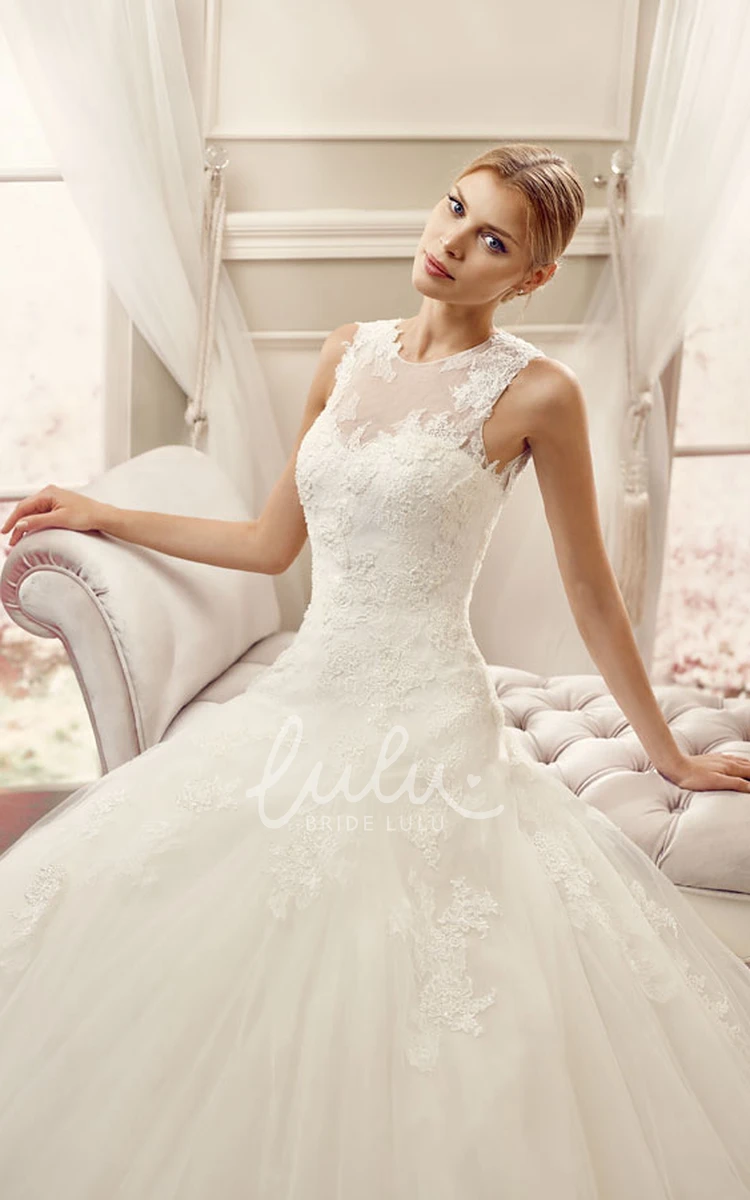 Sleeveless Jewel Lace&Tulle Ball-Gown Wedding Dress with Illusion Back and Appliques Classic Bridal Gown