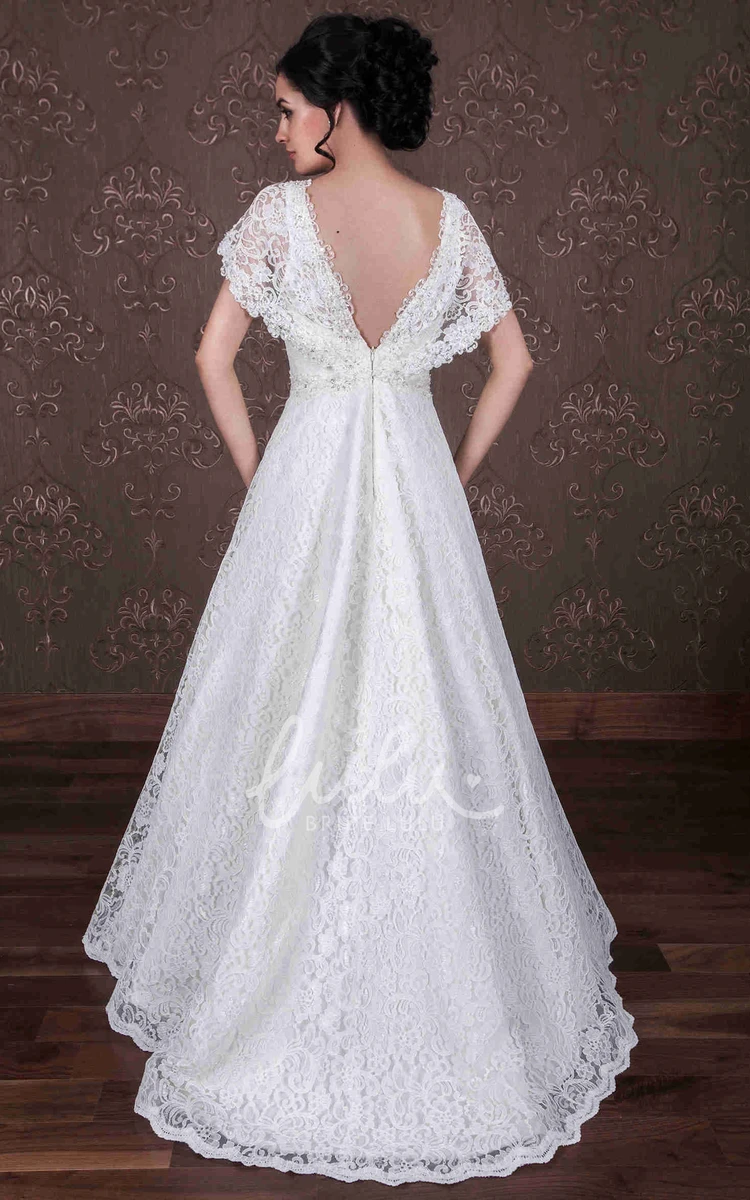 V-Neck Lace Wedding Dress with Poet Sleeves and Waist Jewelry