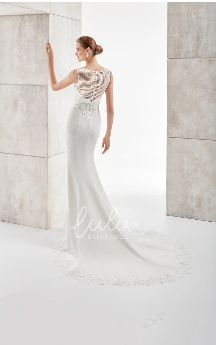 Sheath Satin Wedding Dress with Illusive Neckline and Brush Train Modern Bridal Gown