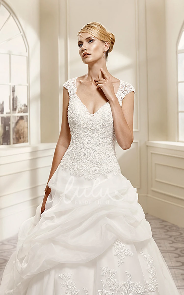Organza and Lace Cap-Sleeve Wedding Dress with Illusion Stunning Ball Gown
