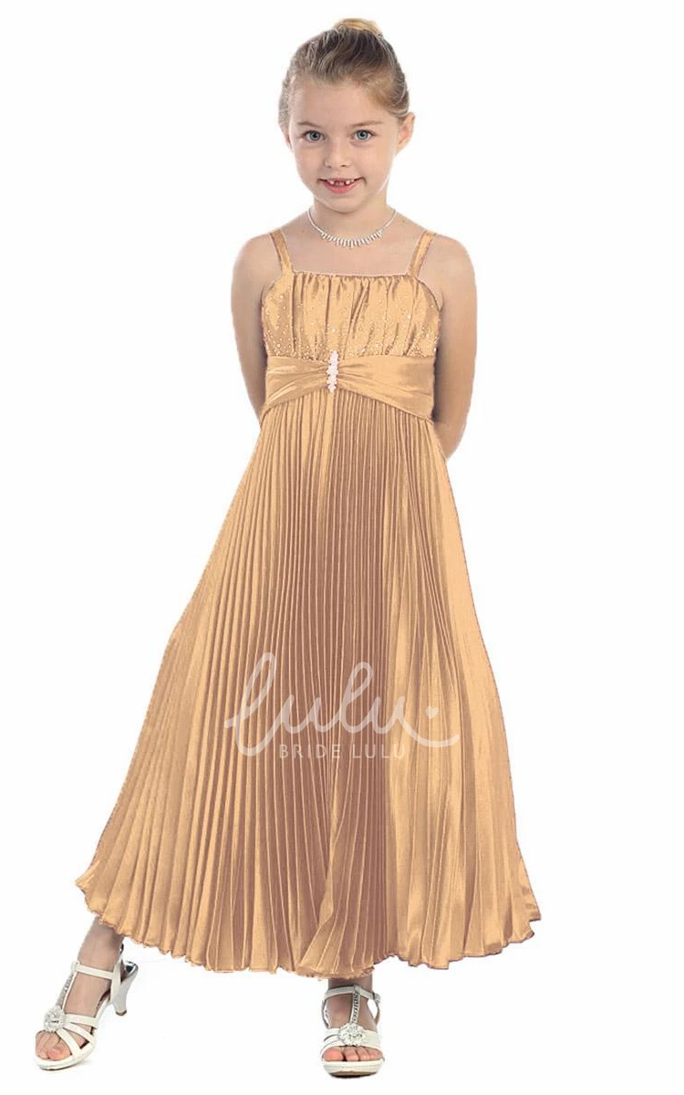 Satin Pleated Flower Girl Dress Ankle-Length Spaghetti Strap Wedding Dress