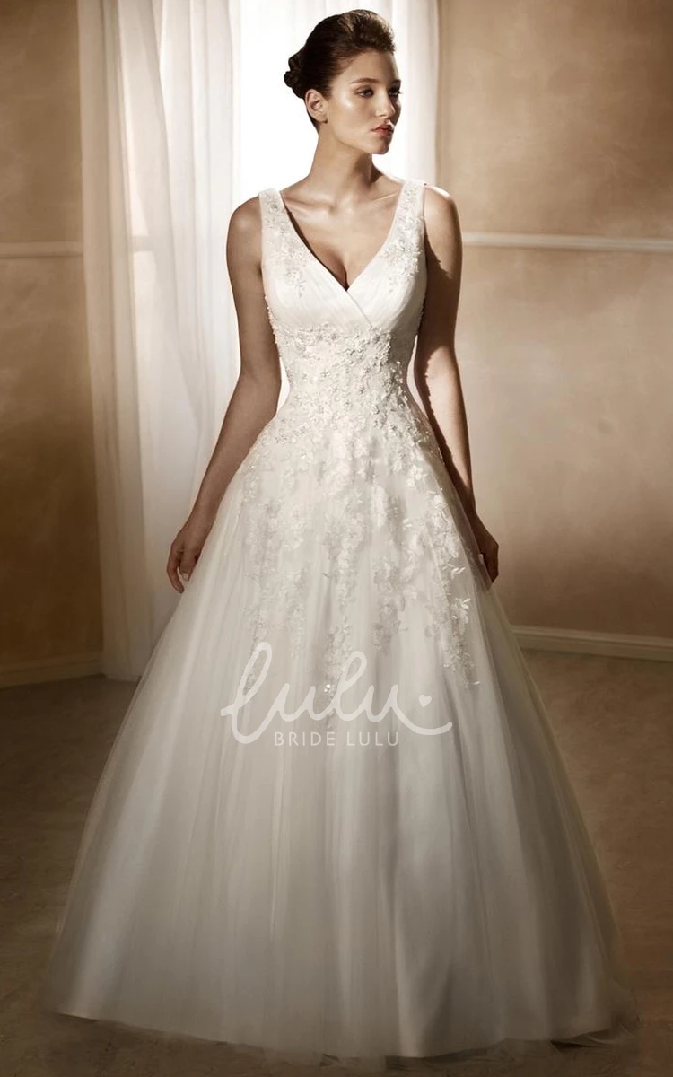 Appliqued Satin&Tulle V-Neck A-Line Wedding Dress with Court Train and Low-V Back