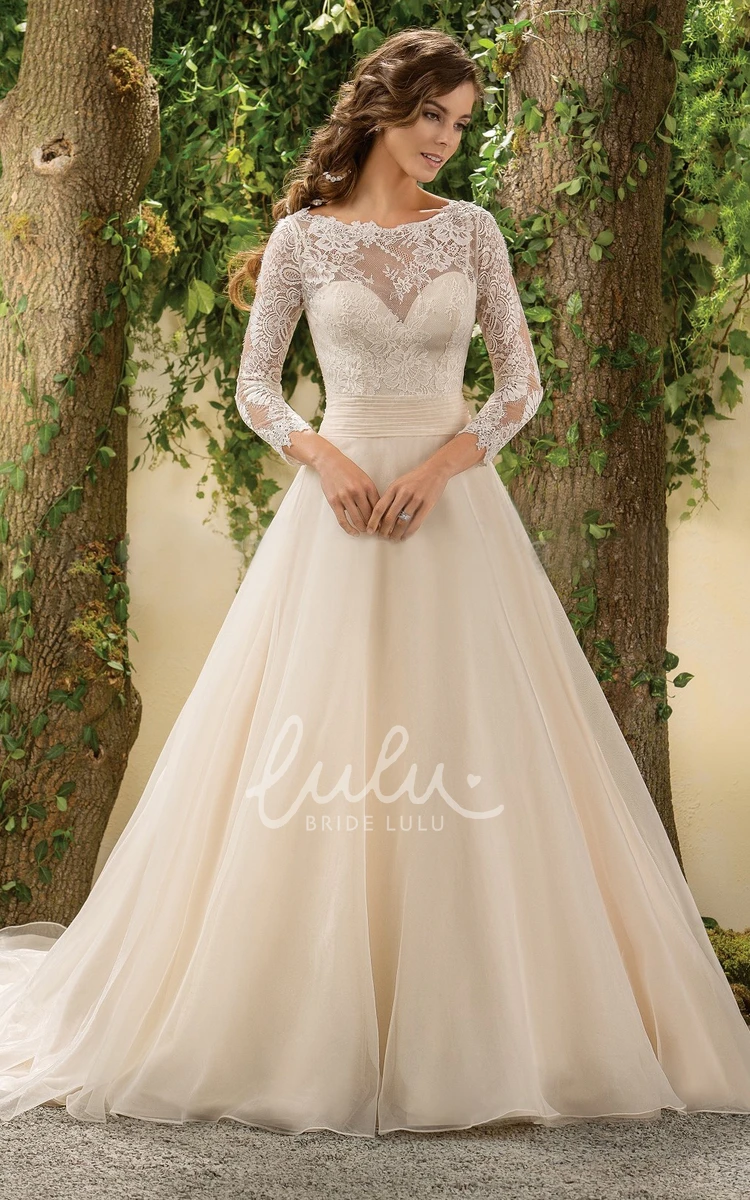 Lace Bodice A-Line Wedding Dress with 3/4 Sleeves and Deep V-Back