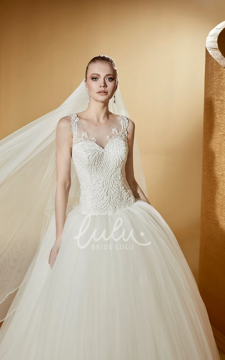 Exquisite Appliques Jewel Neck Wedding Dress with Puffy Skirt