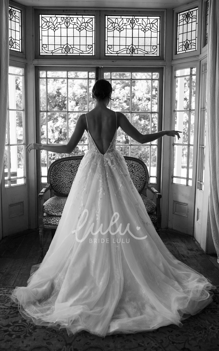 Ethereal Lace Applique Tulle Wedding Dress with Plunging V-neck and Spaghetti Straps