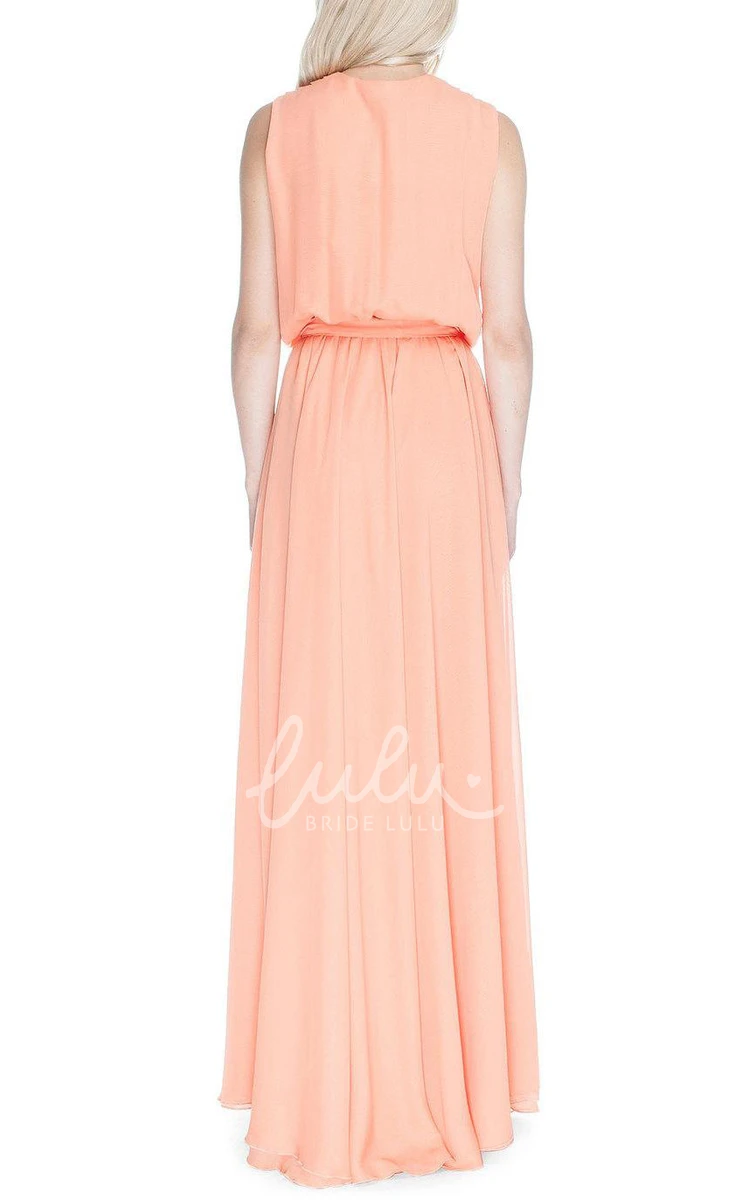 Floor-length Bridesmaid Dress with V-neck Sash and Ruching