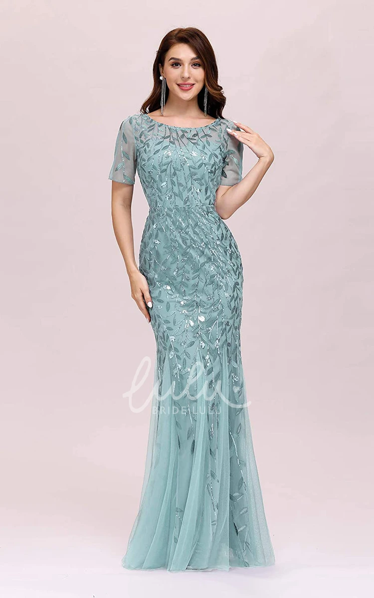 Sequin Trumpet Illusion Prom Dress with Short Sleeves and Pleats