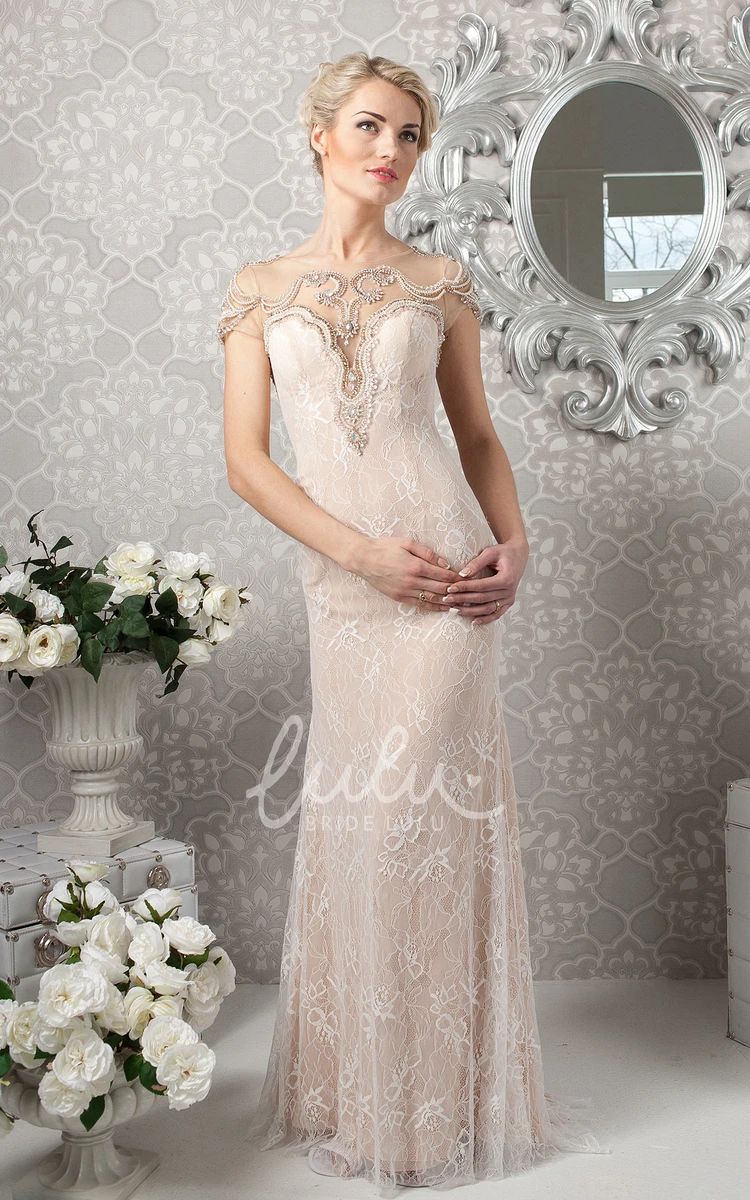 Beaded Lace Sleeveless Sheath Formal Dress with Scoop Neck