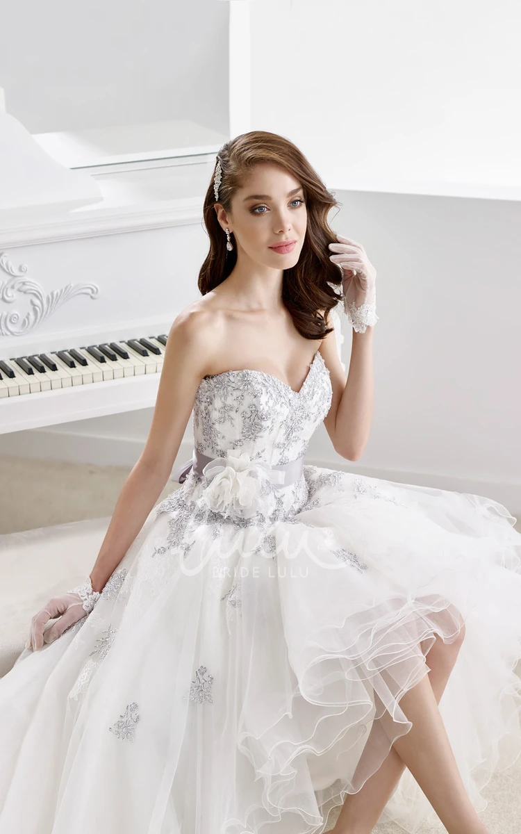 High-Low Beaded Dress with Ruffles and Floral Decoration Sweetheart