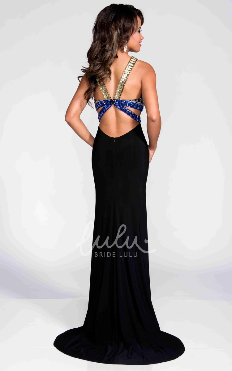 Jersey Prom Dress with Crystal Detailed Bodice and Back Straps