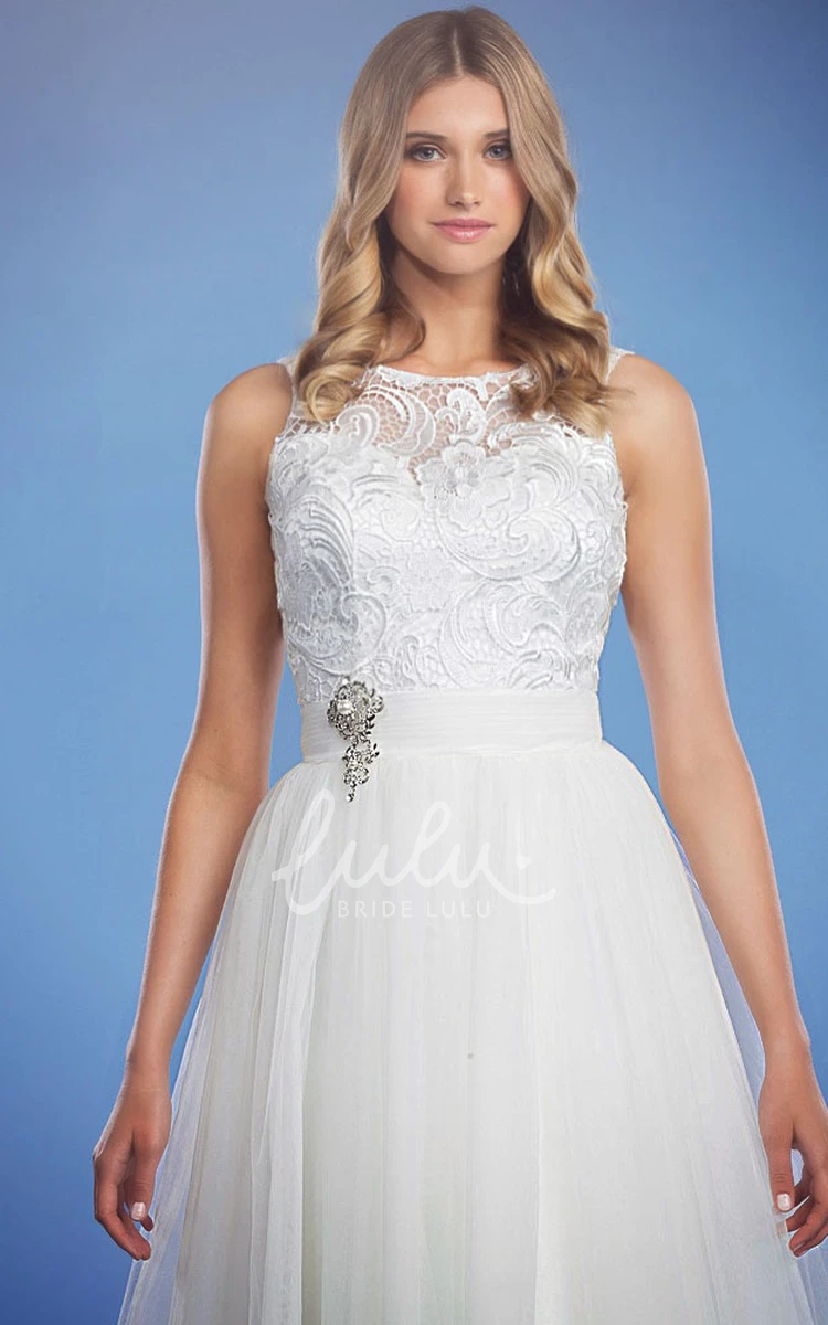 Tulle Appliqued Wedding Dress with Broach and Keyhole Back A-Line Style