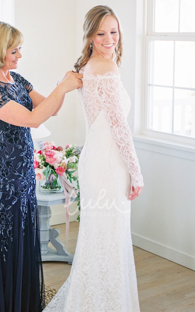 Sheath Lace Off-the-Shoulder Wedding Dress with Sweep Train Simple Wedding Dress
