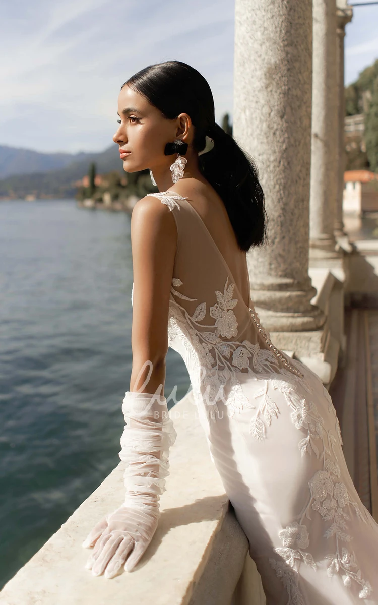 Mermaid Lace Bohemian Wedding Dress with Plunging Neckline and Button Back
